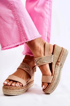 Zamszowe Sandały Na Koturnie Beżowe Annabel