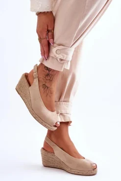 Zamszowe Sandały Na Koturnie Beżowe Elsie