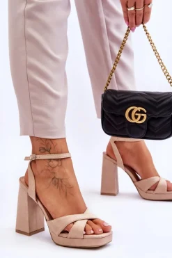 Zamszowe Sandały Na Kwadratowym Obcasie Beżowe Powerful