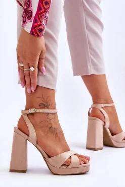 Zamszowe Sandały Na Kwadratowym Obcasie Beżowe Powerful