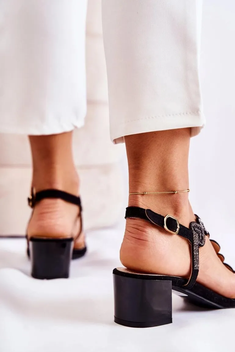 Zamszowe Sandały Na Niskim Obcasie Czarne Wonderland