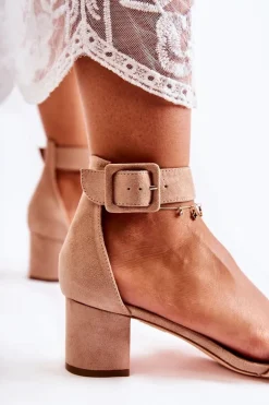 Zamszowe Sandały Na Niskim Słupku Beżowe Graciell