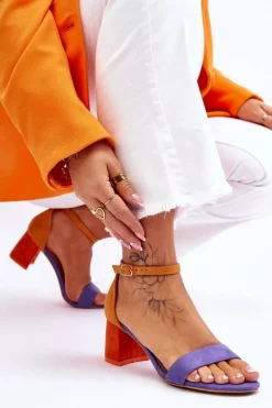 Zamszowe Sandały Na Niskim Obcasie Fioletowo-Żółte Quincy