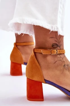 Zamszowe Sandały Na Niskim Obcasie Fioletowo-Żółte Quincy