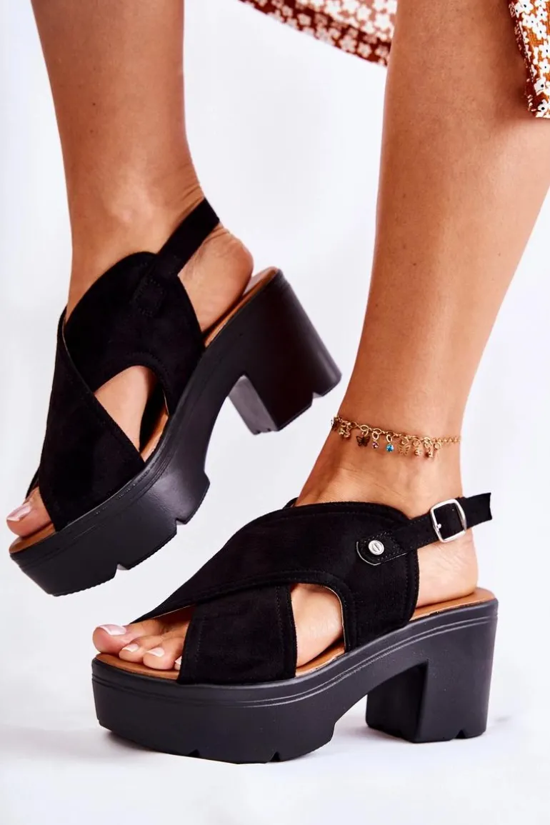 Zamszowe Sandały Na Obcasie Czarne Arlena