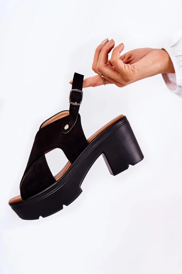 Zamszowe Sandały Na Obcasie Czarne Arlena
