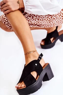 Zamszowe Sandały Na Obcasie Czarne Arlena