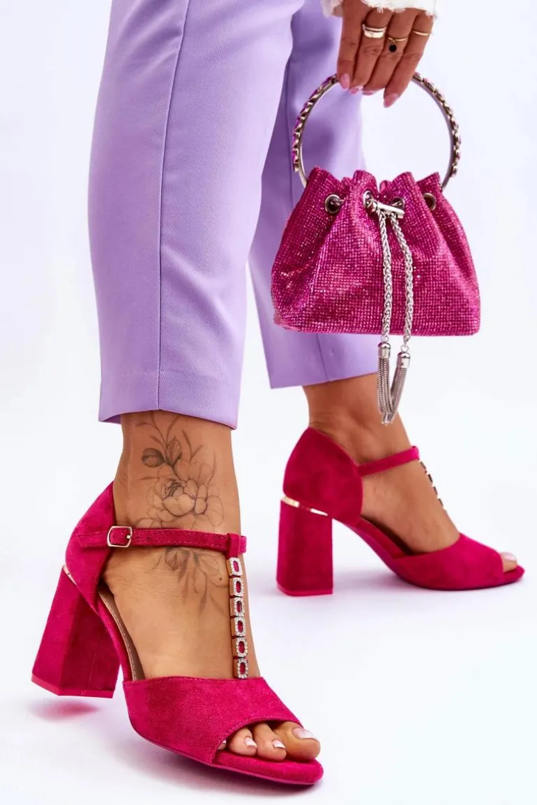 Zamszowe Sandały Na Obcasie Z Cyrkoniami Fuksja Aniya
