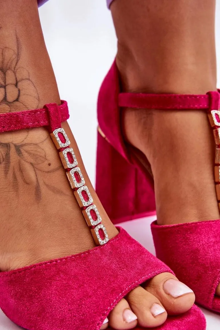 Zamszowe Sandały Na Obcasie Z Cyrkoniami Fuksja Aniya