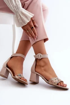 Zamszowe Sandały Na Obcasie Maciejka 04141-49 Beżowe