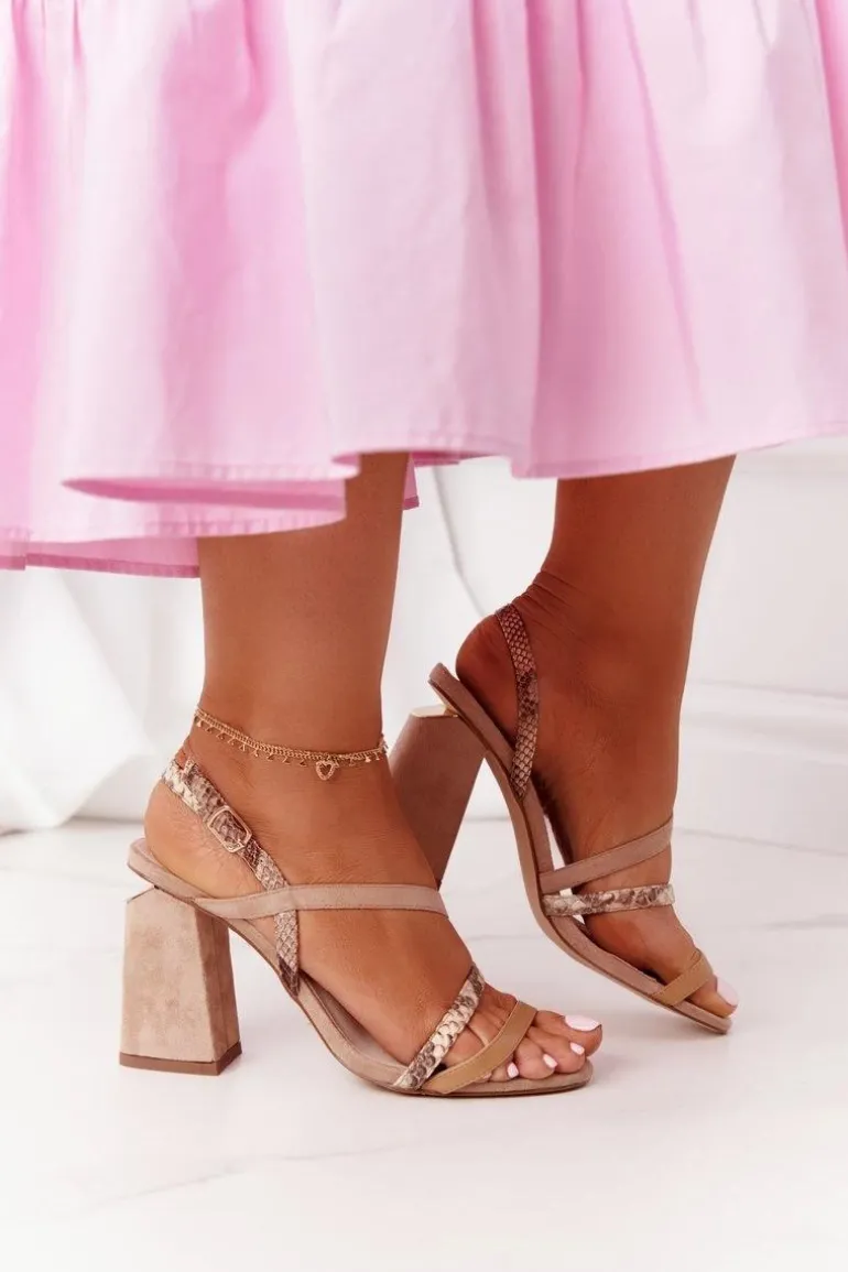 Zamszowe Sandały Na Obcasie S.Barski LJ432-1 Beżowe