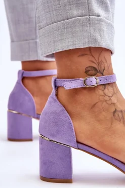 Zamszowe Sandały Na Obcasie Z Ozdobnym Warkocze Fioletowe Azela