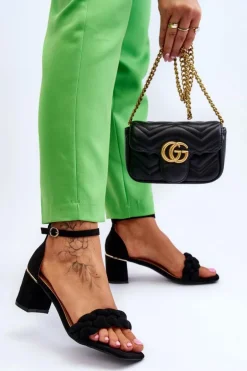 Zamszowe Sandały Na Obcasie Z Ozdobnym Warkocze Czarne Azela