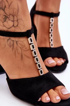 Zamszowe Sandały Na Obcasie Z Cyrkoniami Czarne Aniya