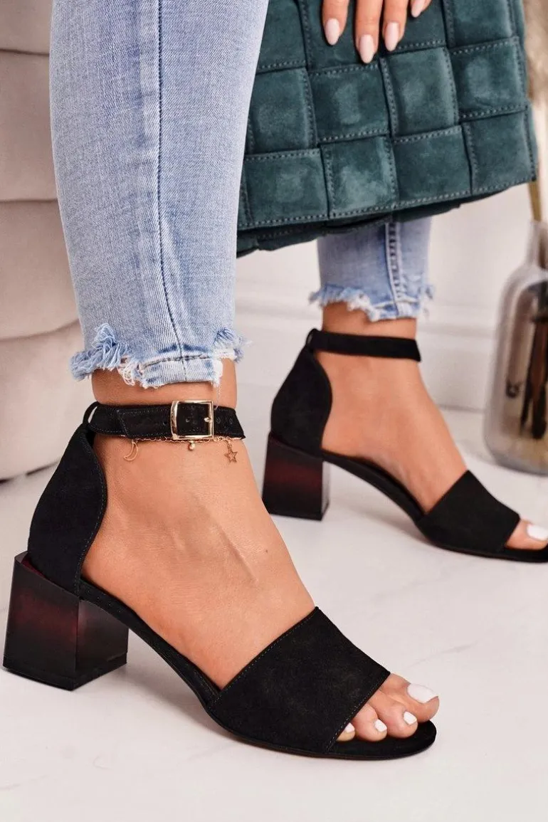 Zamszowe Sandały Na Obcasie Laura Messi 2285 Czarne