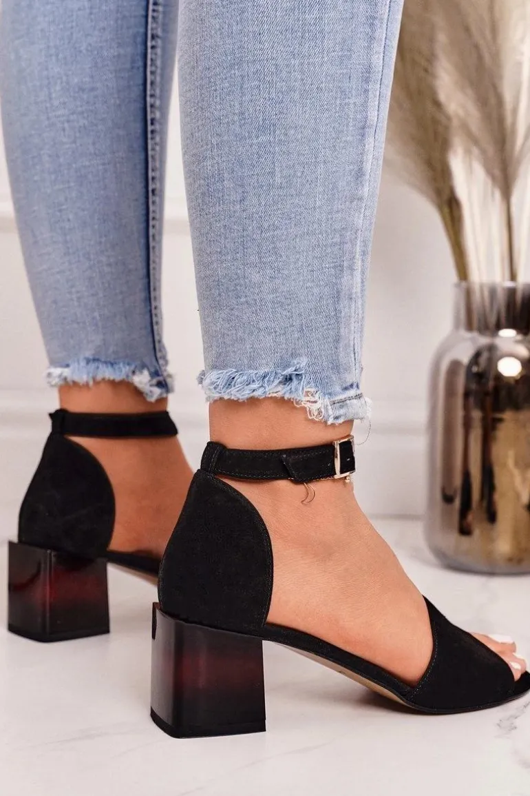 Zamszowe Sandały Na Obcasie Laura Messi 2285 Czarne