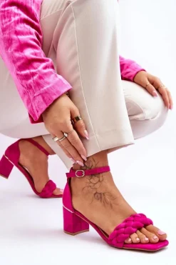 Zamszowe Sandały Na Obcasie Z Ozdobnym Warkocze Fuksja Azela