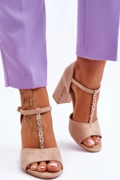 Zamszowe Sandały Na Obcasie Z Cyrkoniami Beżowe Aniya