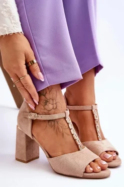 Zamszowe Sandały Na Obcasie Z Cyrkoniami Beżowe Aniya