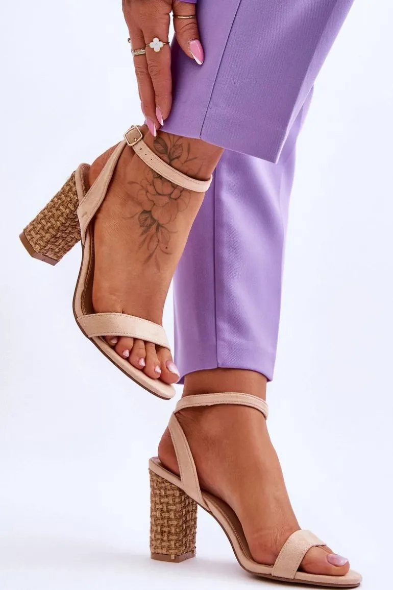 Zamszowe Sandały Na Plecionym Słupku Beżowe Selila