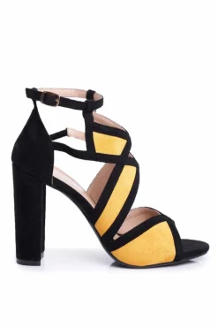 Zamszowe Sandały Na Słupku Czarno-Żółte Emolly