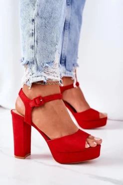 Zamszowe Sandały Na Słupku Czerwone Camilia