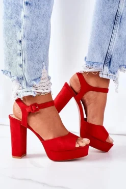 Zamszowe Sandały Na Słupku Czerwone Camilia