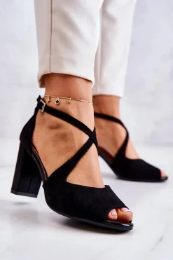 Zamszowe Sandały Na Słupku Czarne Lorita