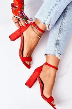 Zamszowe Sandały Na Słupku Czerwone Florence