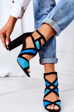 Zamszowe Sandały Na Słupku Czarno-Niebieskie Emolly