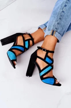 Zamszowe Sandały Na Słupku Czarno-Niebieskie Emolly