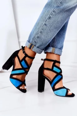 Zamszowe Sandały Na Słupku Czarno-Niebieskie Emolly