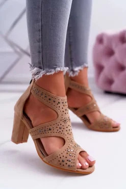 Zamszowe Sandały Na Słupku Lu Boo Beżowe