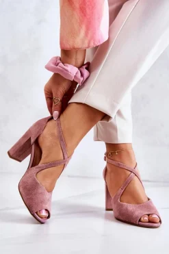 Zamszowe Sandały Na Słupku Różowe Lorita