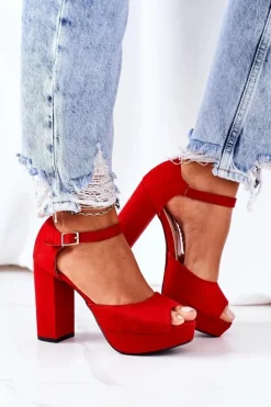 Zamszowe Sandały Na Słupku Czerwone Silvia