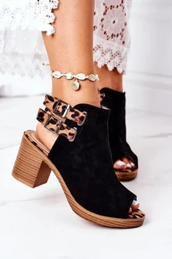 Zamszowe Sandały Na Słupku Lu Boo Czarne Leopard