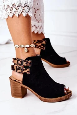 Zamszowe Sandały Na Słupku Lu Boo Czarne Leopard