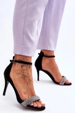 Zamszowe Sandały Na Szpilce Z Dżetami Czarne Moments