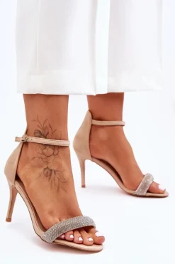 Zamszowe Sandały Na Szpilce Z Dżetami Beżowe Moments