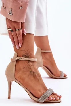 Zamszowe Sandały Na Szpilce Z Dżetami Beżowe Moments