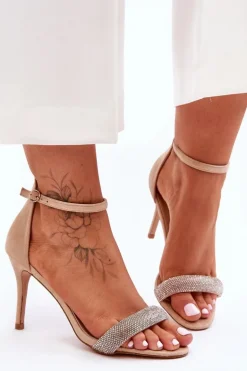 Zamszowe Sandały Na Szpilce Z Dżetami Beżowe Moments