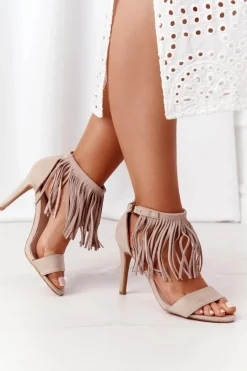Zamszowe Sandały Na Szpilce Z Frędzlami Beżowe Boho Swing
