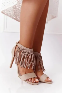 Zamszowe Sandały Na Szpilce Z Frędzlami Beżowe Boho Swing