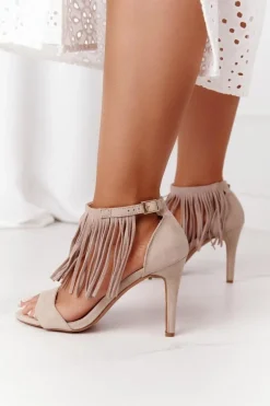 Zamszowe Sandały Na Szpilce Z Frędzlami Beżowe Boho Swing