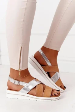 Zamszowe Sandały Sergio Leone SK039 Beżowo-Srebrne