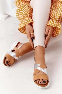 Zamszowe Sandały Sergio Leone SK039 Beżowo-Srebrne