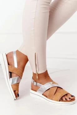 Zamszowe Sandały Sergio Leone SK039 Beżowo-Srebrne