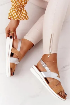 Zamszowe Sandały Sergio Leone SK039 Beżowo-Srebrne