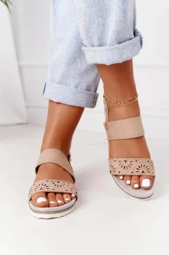 Zamszowe Sandały Z Cyrkoniami Beżowe Cora