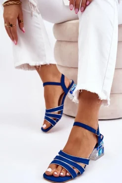 Zamszowe Sandały Z Kryształami Niebieskie Callan